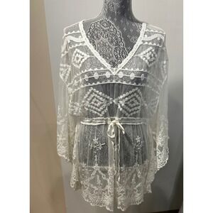 Palms Away Lace Crochet Tunic Cover Up White Bohemian Beachy Festival S